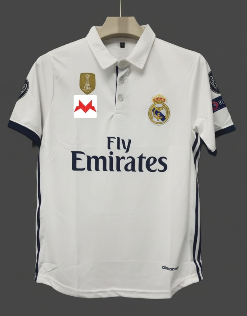 Elite Fanwear: Performance-Ready Striped White Real Madrid Polo Shirt